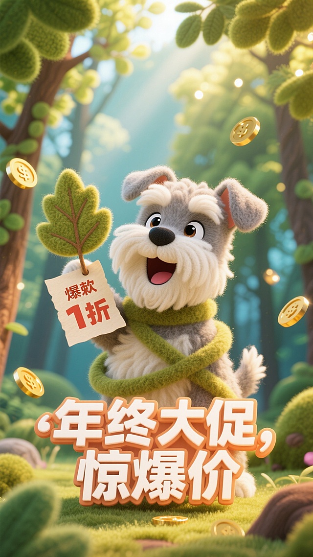 软3D风格萌犬拟人化，手持绿叶价签，森林梦幻场景，金币飞舞，清新可爱中透出强烈促销感，营造年终大促的欢乐氛围。