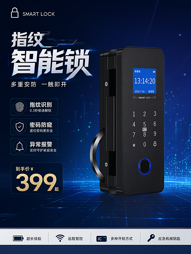 画面展示黑色指纹智能锁，主标题强调多重安防与快速解锁，包含指纹识别、密码防窥及异常报警功能。底部显示到手价399元起及超长续航等卖点，整体采用深蓝色科技感背景与光效设计，适用于电商平台或本地生活场景的智能家居产品营销宣传。