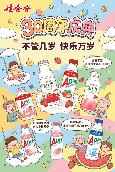 娃哈哈AD钙奶30周年系列海报，A3大小，风格童心童趣可爱快乐，产品为酸甜可爱的乳饮料，包含多款口味：原味、草莓味、蜜桃味、胶原蛋白、乳酸菌，主 slogan "不管几岁 快乐万岁"，核心卖点：口味酸预览效果