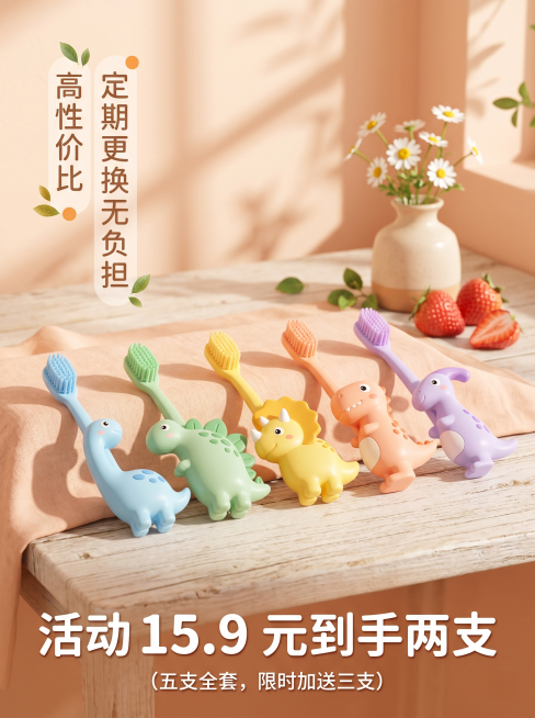 详情屏 1｜产品整体氛围屏（封面引图）
3:4 竖版电商详情图，柔和暖橘马卡龙简约背景，2 支立体卡通恐龙儿童牙刷（粉恐龙、黄恐龙）悬浮摆放，圆润柔化光影，ins 母婴柔和自然光，干净极简家居风，画面预览效果