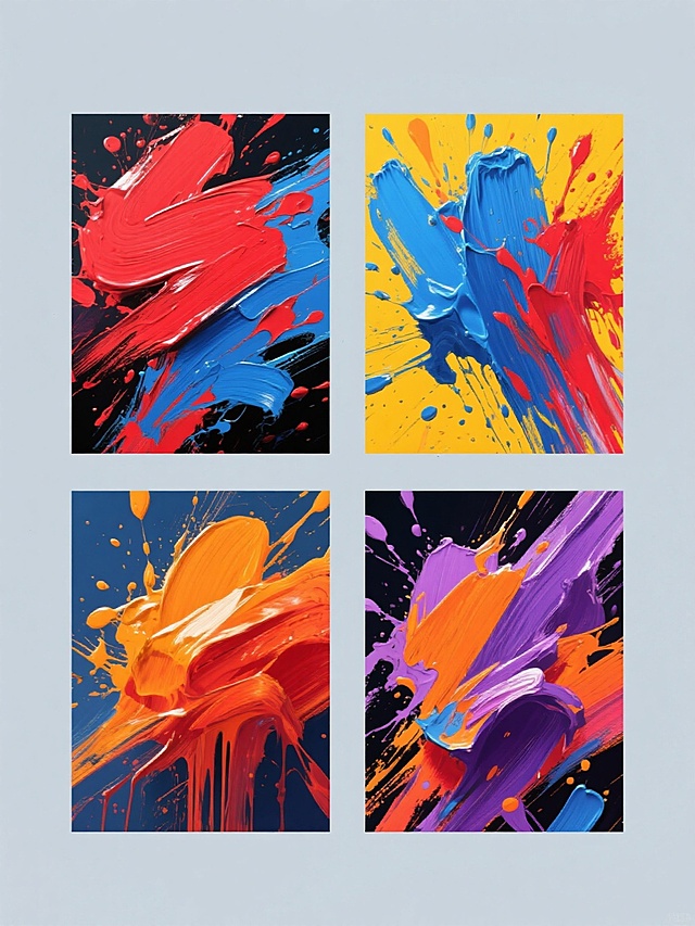 一张纯色背景的系列海报设计，包含四个完全不同的油漆元素内容，每个元素都采用奔放的抽象表现主义风格，以厚重的油画笔触质感呈现，色彩鲜艳明快，主要使用红、蓝、黄、橙、紫等饱和色调，笔触富有动感和力量感，带有飞溅的油漆效果，光影明暗对比强烈，每个油漆元素都有独特的形态和色彩组合，四个元素规整排布在画面中，形成统一而富有变化的视觉效果，整体设计具有强烈的视觉冲击力和艺术感染力，符合现代海报的设计感和信息传达效率。