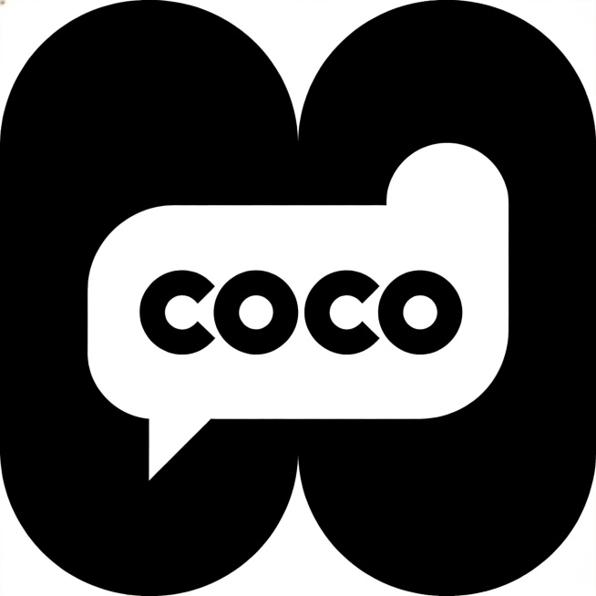 设计社交聊天品牌"coco"的主logo，仅展示图形不包含任何文字，采用矢量极简扁平化风格，时尚年轻化设计，将coco字母变形融合为完整的几何图形，单色系设计，干净纯白色背景，整体简洁识别性强，适合作预览效果