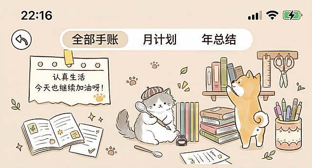 生成浅米黄色背景图，参考示例的软萌治愈手绘风格，将原甜食元素替换为文具、书本、手账本、纸条，保留可爱简笔画小动物，整体色调温暖柔和，线条简单干净，适合作为手机应用界面背景