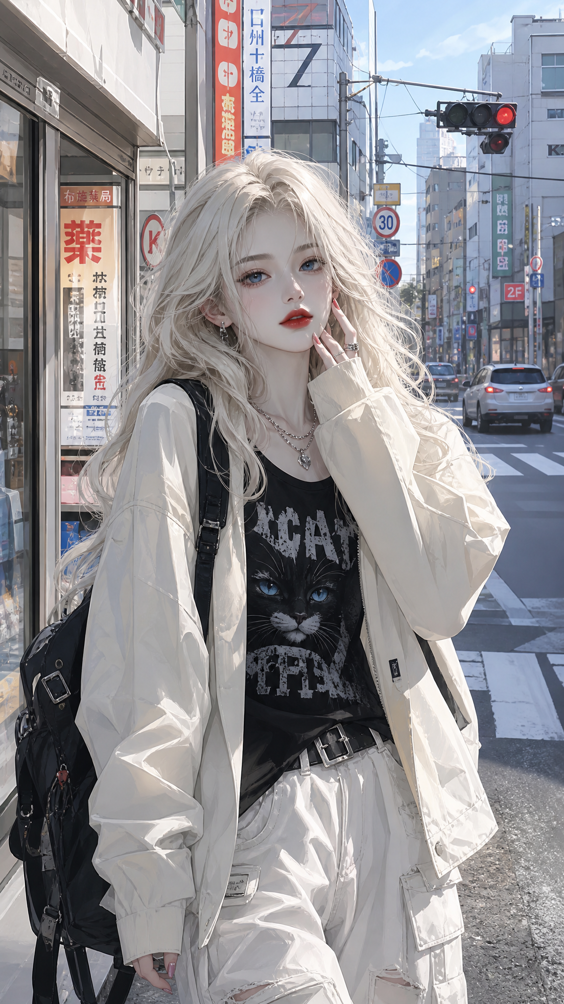 潮流少女，浅白金长卷发，蓝色眼眸，冷白皮，红唇，精致五官，穿着… - 图片创意预览