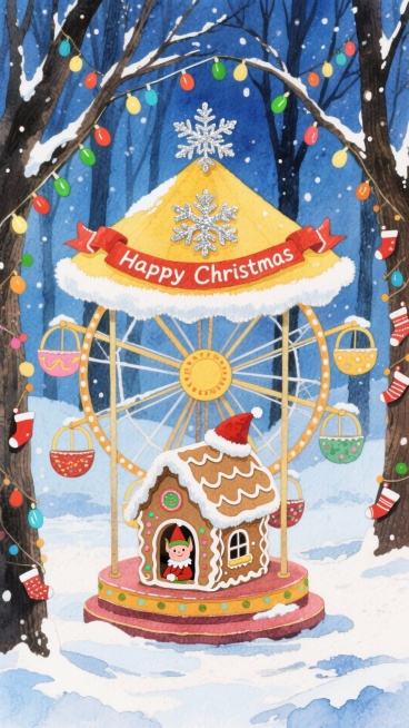 画面中心是一座暖黄绒边顶的迷你摩天轮，装饰有银色雪花与 “Happy Christmas” 缎带，摩天轮座舱替换为姜饼屋造型，圣诞精灵坐在座舱里向外张望，背景是挂满彩灯与圣诞袜的雪夜森林。预览效果