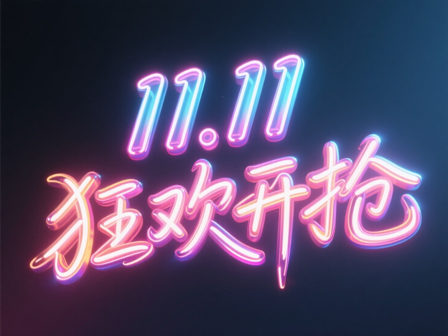 文字"11.11 狂欢开抢"，线条流畅，发光手写艺术字。创意字体，促销元素，霓虹灯版预览效果