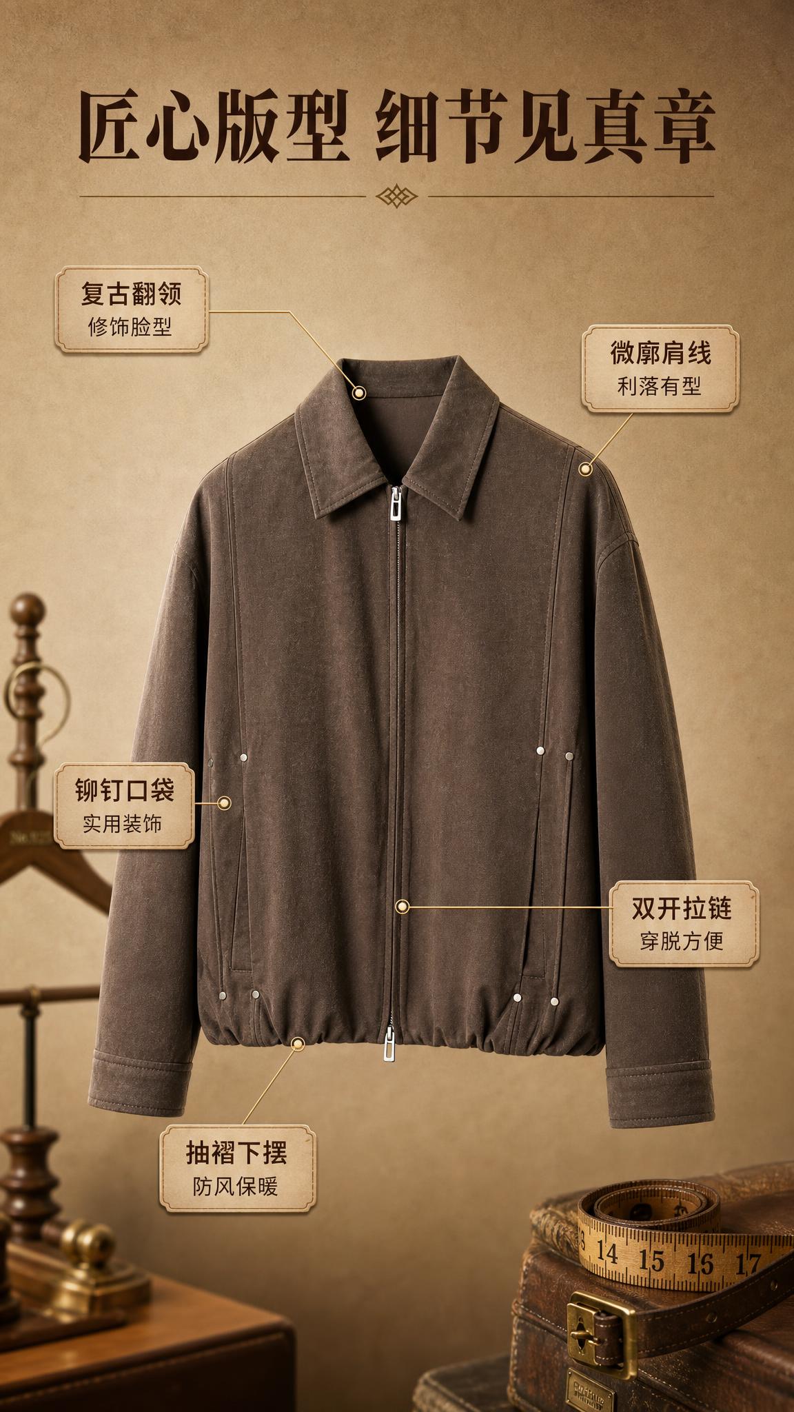 [商品] 使用【图1】棕色翻领拉链夹克；商品处理：保留翻领、双… - 图片创意预览
