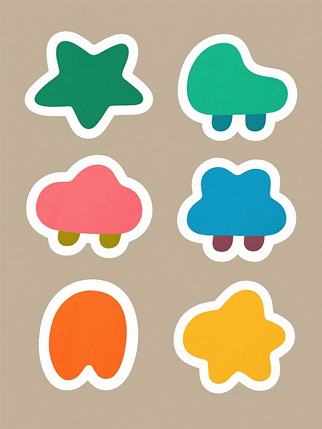 6个具有不同配色、不同样式、不同材质的图形造型，每个图形拥有独特形状，整体以浅色为背景，呈上下两行对齐排列；采用扁平设计风格，轮廓线条圆润流畅，色彩鲜明饱满且具有手绘感的涂抹质感，图形边缘带有轻微的高光白边，营造出简洁明快、充满童趣的视觉氛围，构图平衡对称，所有图形元素大小均匀分布，信息传达直接清晰。