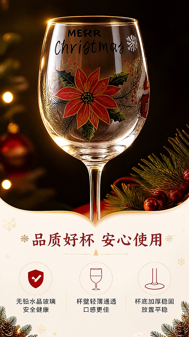 [商品] 使用【图1】圣诞主题手绘红酒杯；保留杯子完整结构、透明玻璃材质、图案细节；侧光打亮突出玻璃的通透度和厚度质感。
[画面] 目标：材质品质展示，突出无铅玻璃的通透与安全。构图：上下结构，上方60%为杯身侧光特写，下方40%为品质卖点。景别：中近景特写。侧逆光打亮杯口边缘，形成金色轮廓光，展示玻璃的通透纯净，背景为深色调渐变，突出玻璃质感，旁边放松枝与红果点缀。
[视觉] 套系策略：风格=温馨圣诞风商业摄影；标题字=圆润手写体+衬线体组合；正文字=简洁无衬线体；主色=圣诞红+暖金+米白；背景延展=暖米白渐变+圣诞红点缀+金色细闪质感；强调色=圣诞红，仅用于小面积图标、引线和标签；标题色=深圣诞红；正文色=深棕灰；组件=圆角金边信息卡、雪花装饰元素、松枝边角装饰；光影=侧逆光+轮廓光，突出玻璃通透质感与边缘光泽。
[文字] 下方文字区主标题"品质好杯 安心使用"，3个品质卖点配图标："无铅水晶玻璃 安全健康"、"杯壁轻薄通透 口感更佳"、"杯底加厚稳固 放置平稳"，文字横向排版。
[规格] 图片比例9:16竖版，4K，避免变形、错字、文字过小、玻璃发灰、通透感不足、图案模糊。