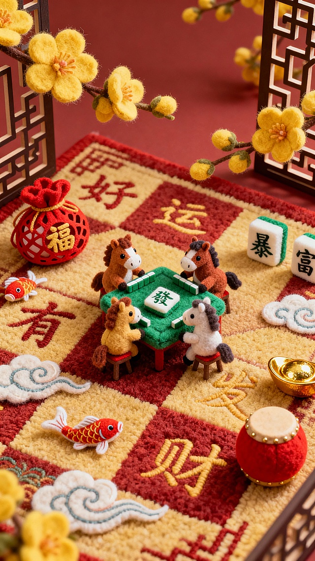 中式喜庆微缩场景，拟人小马围桌打麻将，刺绣风地毯配毛发生长质感，粘土风元素点缀，春联花枝环绕，尽显春节吉祥氛围。