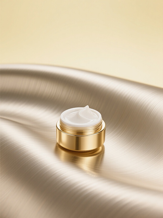 小金罐护肤品特写，极简高级风美妆产品展示图，以白金为主色调，产品置于金色金属波浪曲面上（带拉丝纹理，同金属质感），浅黄色渐变背景（近白 - 浅黄过渡），波浪曲面悬浮于半空，光影简洁，顶光 + 侧光突出瓶身哑光磨砂，曲面反光阴影自然