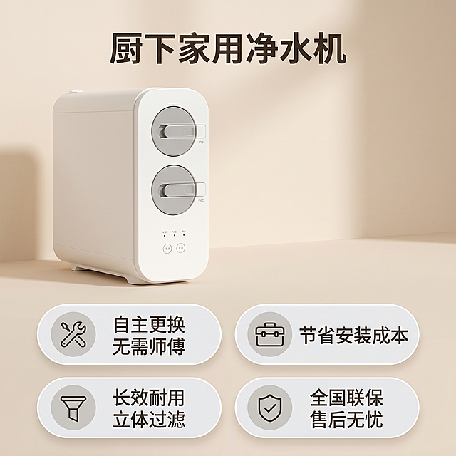 [主图 5] 售后保障与规格展示。[氛围风格] 家居治愈风，简洁专业信任感。[画质] 商业摄影质感、光线柔和通透、产品清晰真实、画面干净高级。[元素] 产品主体小比例放在画面左上，右侧和底部排列四个圆角保障服务胶囊：分别标注「自主更换 无需师傅」「节省安装成本」「长效耐用 立体过滤」「全国联保 售后无忧」，每个胶囊配简约小图标。背景为浅米白色整体简洁，保持产品外观（物理结构、材质质感、颜色）与输入产品图绝对一致，杜绝任何变形和色差，精细化处理。整体画面干净舒适，符合家居治愈风格，商品占比合理不拥挤，画面满屏无边框。[光影] 均匀柔光，无强烈阴影，整体干净明快。[配色] 浅米白底，产品白色，胶囊浅灰色底深灰色字，简约低饱和配色。[视角构图] 左产品右信息，整体平衡构图，信息分区清晰。[文字版式] 顶部主标题大字"厨下家用净水机"，四个胶囊横向两排排列，每个胶囊内文字居中，字体大小一致清晰，信息层级分明不遮挡主体。[比例分辨率] 1:1 比例，2k 分辨率；文字清晰可辨，超高清。[负向提示词] 变形，水印，文字错乱，产品图模糊，背景杂乱，配色刺眼，遮挡主体。