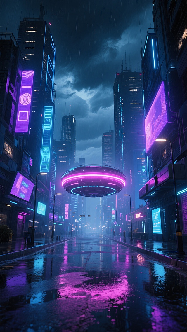 赛博朋克风格城市夜景，雨后湿润的街道反射着霓虹灯光，两侧高耸的未来感建筑布满蓝色和紫色的发光招牌与显示屏，中央是一个圆形的、带有粉色霓虹光环的悬浮平台，天空中乌云密布，远处可见高楼轮廓，整体呈现出神秘而繁华的氛围，具有强烈的视觉冲击力和未来科技感。