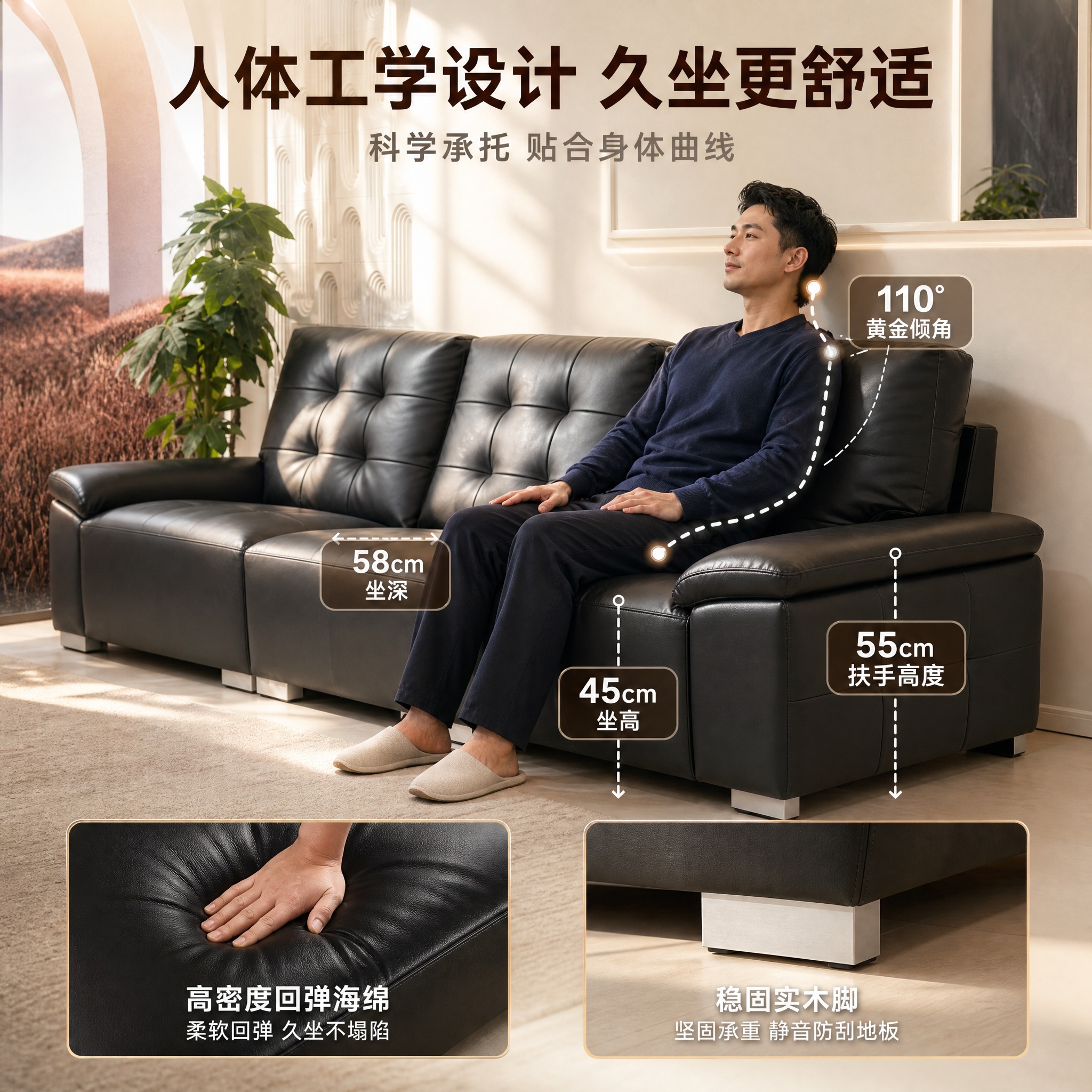 [主图-2] 生态真皮沙发人体工学与舒适度展示主图，可视化沙发… - 图片创意预览