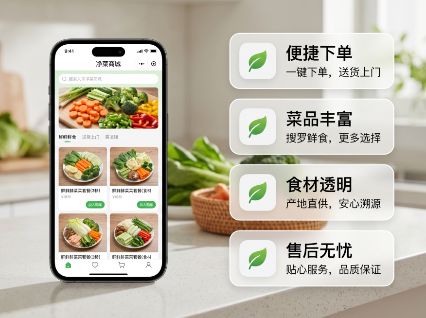 写实效果图，左侧竖放智能手机，手机屏幕内展示净菜商城APP页面；右侧竖向排列4条功能清单，每个条目使用绿叶小图标搭配文字，文字内容分别是"便捷下单"、"菜品丰富"、"食材透明"、"售后无忧"，每个条目预览效果
