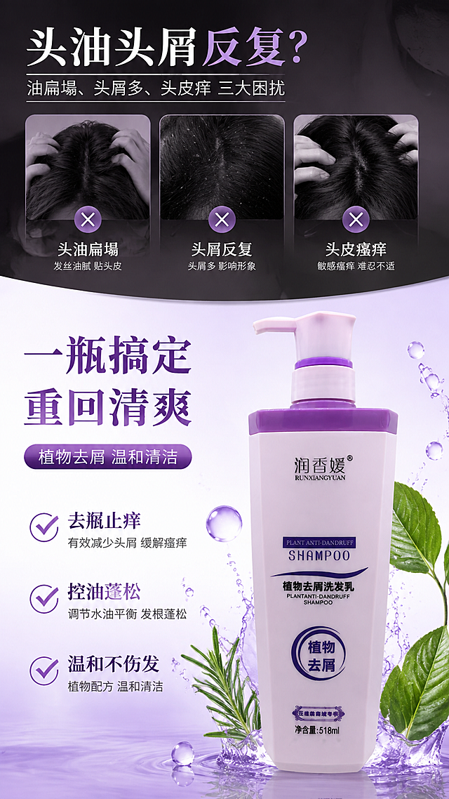[第2张] 详情页痛点直击-头油头屑困扰解决方案。本张使用【图1】作为商品主体。
[氛围/风格] 对比感强烈，上半部分暗沉困扰氛围，下半部分清爽解决氛围，紫白渐变，商业摄影质感，拼多多风格直白痛点+解决方案。
[元素布局] 画面上下分栏：上半部分展示头油、头屑、头皮痒的困扰示意（暗沉色调，发丝油腻扁塌的视觉暗示），下半部分产品居中偏右，占比约40%，周围环绕清爽水珠、植物叶片，象征解决后的清爽状态；瓶身与输入图一致。
[光影质感] 上半部分偏暗柔光，下半部分明亮通透，产品区域有明显高光，突出解决方案的光明感；产品下方柔和投影。
[配色色系] 全局底色上深下浅渐变：上部灰紫暗沉，下部浅紫明亮；主色紫色、白色；辅助色绿色植物、透明水珠。
[视角构图] 正面视角，阅读动线从上到下：痛点 → 产品解决方案。
[文字版式] 版式为上下分栏。上部痛点区大标题「头油头屑反复？」，副标题「油扁塌、头屑多、头皮痒 三大困扰」，配3个小图标；下部产品区大标题「一瓶搞定 重回清爽」，副标题「植物去屑 温和清洁」，产品左侧或下方配3个勾选卖点：「去屑止痒」「控油蓬松」「温和不伤发」；文字清晰醒目，不遮挡产品主体。
[比例分辨率] 9:16 竖版比例，4K 分辨率，文字清晰可辨，高清画质。
[负向提示词] 瓶身变形，缺件错件，颜色偏差，水印，文字错乱，产品图模糊，医疗术语，极限词。
