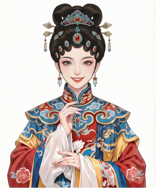 保持画风不变，更换女生为另一张漂亮的脸，更换不同款式的高发型，服装更换为同色系装饰的不同款式花旦戏曲风格，更换动作，白色背景，看着镜头微笑，预览效果