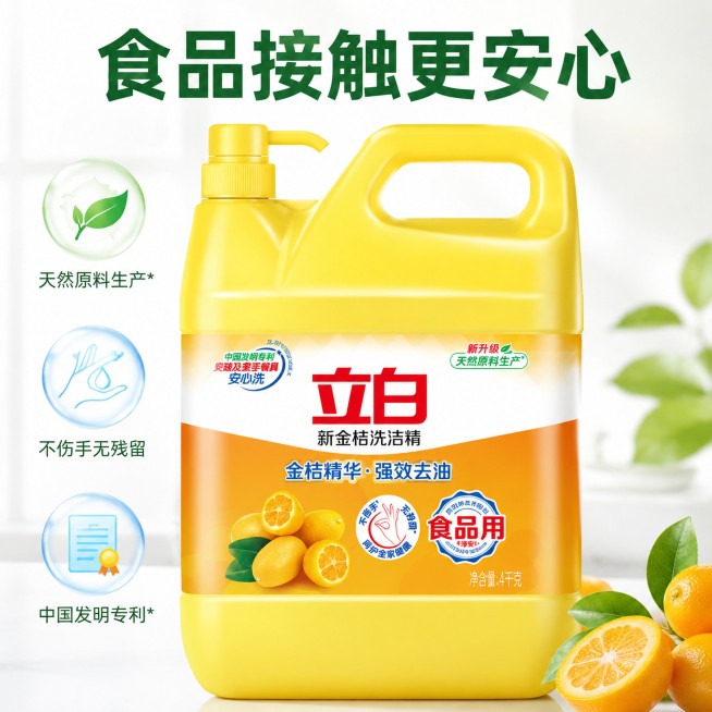 [主图-3] 立白新金桔洗洁精安全细节展示图。氛围风格：专业安心感，干净简洁。画质：商业摄影质感，清晰通透，细节锐利。元素：主体为洗洁精瓶体居中，放大展示标签上的食品用认证和金桔精华区域，周围搭配三个预览效果