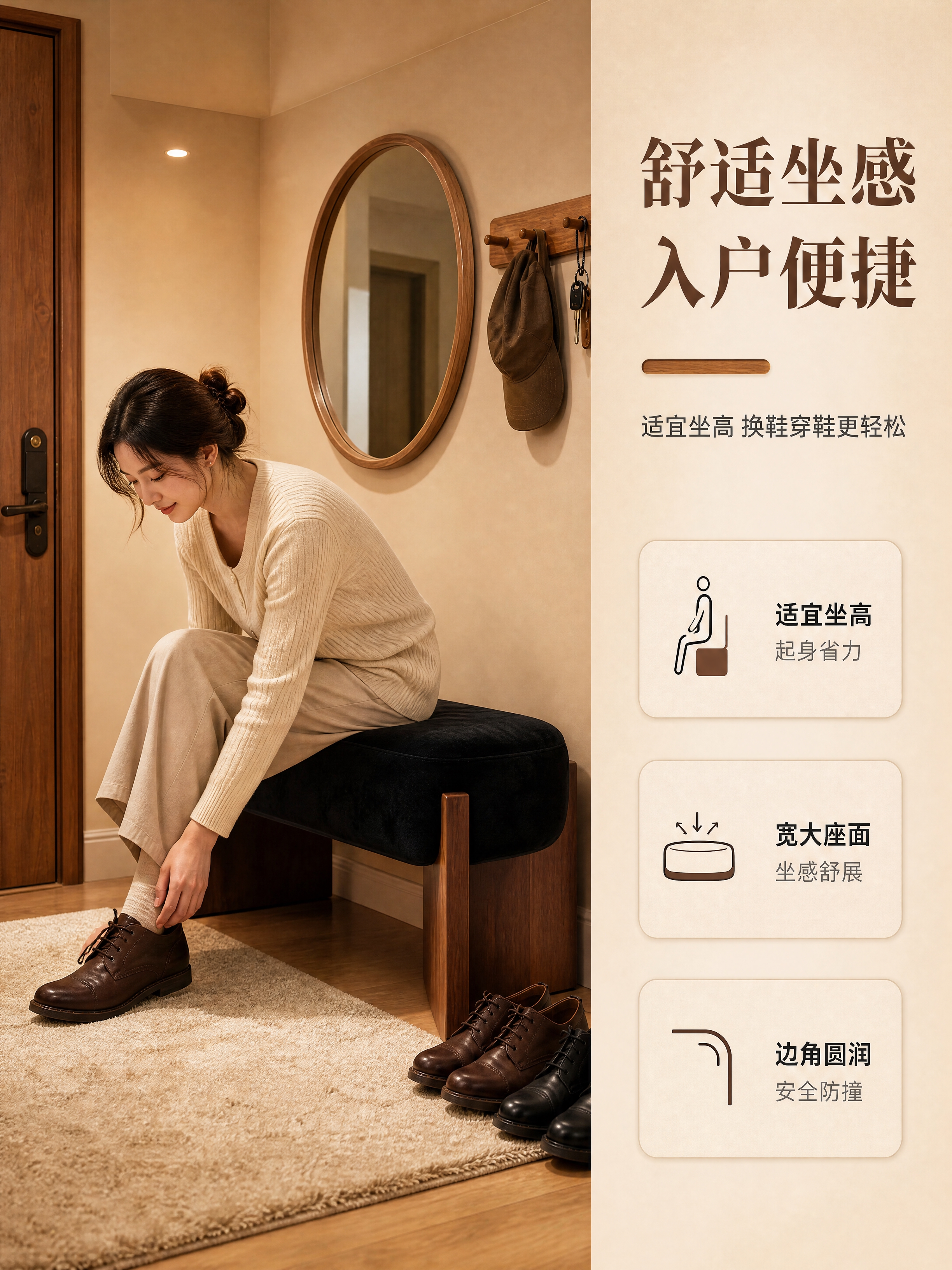[商品] 使用【图1】中古风实木换鞋凳；保留黑色绒布软包坐垫、… - 图片创意预览