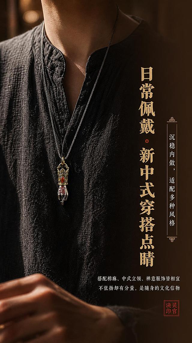 [商品] 使用【图6】灵官决吊坠佩戴效果图；保留吊坠造型、银链、深色麻质上衣、人物颈部与手部；产品原样不做二创修改，保留真实佩戴状态。
[画面] 页面目标为上身佩戴效果展示，突出新中式日常穿搭适配；竖版构图，人物上半身位于画面中央，吊坠垂于胸前，占画面视觉中心；人物穿深色新中式立领上衣，手部自然置于下方；背景虚化暖调光影；前景手部虚化，中景人物与吊坠，背景暖光虚化，3层景深。
[视觉] 套系策略：风格=东方古韵暗调高级商业摄影，国潮文玩质感；标题字=宋体粗体+书法笔触；正文字=简洁宋体；主色=深炭黑+古铜金；背景延展=暖棕到深棕渐变虚化，带自然光感；强调色=南红朱红，仅用于吊坠南红和小面积点缀；标题色=古铜金；正文色=暖米白；组件=古纹分割线、印章小标；光影=左侧自然暖光，人物衣物纹理清晰，吊坠金属有光泽，右侧暗调。
[文字] 画面右侧竖排区域（文字横排）主标题「日常佩戴 · 新中式穿搭点睛」，副标题「沉稳内敛，适配多种风格」；下方正文横排两行：「搭配棉麻、中式立领、禅意服饰皆相宜」「不张扬却有分量，是随身的文化信物」；底部配红色印章；文字位于右侧留白，不遮挡吊坠与人物主体。
[规格] 图片比例9:16竖版，width=1080，height=1920，resolution=2K，quality=medium；避免变形、错字、文字过小、冷蓝背景、人物面部出现、吊坠颜色失真。