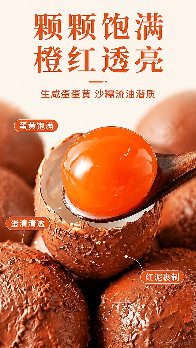 [第4张] 质地特写-生咸蛋蛋黄饱满细节。本张使用【图1】作为商品主体，放大蛋黄与红泥肌理。
[氛围/风格] 微距食欲感，极致细节，商业摄影质感，温润通透。
[元素布局] 画面中心为木勺舀起的橙红生蛋黄特写，占比约50%；蛋黄饱满圆润、表面晶莹透亮有光泽；周围环绕破开的红泥蛋壳，红泥颗粒粗糙有层次；背景虚化的红泥蛋作衬托；蛋黄颜色、红泥肌理、蛋壳形态与输入产品图完全一致。
[光影质感] 侧上方柔光，蛋黄表面有明显高光点，通透感强，红泥颗粒明暗层次丰富，整体细腻有质感。
[配色色系] 全局底色 #FFF8F0 浅暖白；主色橙红 #FF6B35；辅助色红棕 #A0522D、米白。
[视角构图] 微距特写，蛋黄位于视觉中心，阅读动线中心蛋黄 → 四周蛋壳 → 上下文案。
[文字版式] 顶部标题 + 中心蛋黄特写 + 四周引线卖点。主标题「颗颗饱满 橙红透亮」，副标题「生咸蛋蛋黄 沙糯流油潜质」，宋体标题 + 黑体正文，字色深橙红；三条引线标注：「蛋黄饱满」「蛋清清透」「红泥裹制」；文字不遮挡蛋黄主体。
[比例分辨率] 9:16 竖版比例，4K 分辨率，文字清晰可辨，高清画质。
[负向提示词] 变形，水印，文字错乱，文字过小，熟蛋黄，流油熟蛋，颜色偏差，结构错误。