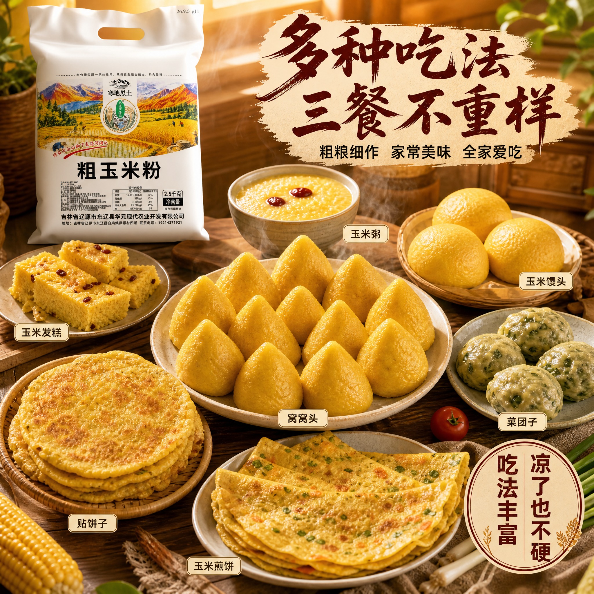 [主图-5 粗玉米粉] 食用场景图 展示多种玉米面做法与日常三… - 图片创意预览