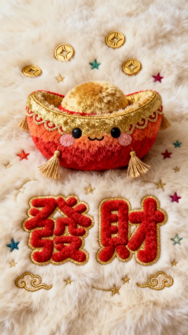 一张具有毛绒质感的发财主题设计图，整体采用米白色毛绒材质作为背景，触感柔软细腻。画面中央是一只色彩鲜艳的卡通毛绒小元宝，元宝呈圆润饱满的形状，表面覆盖着金色和红色渐变的毛绒，边缘有精致的毛绒流苏装饰，预览效果