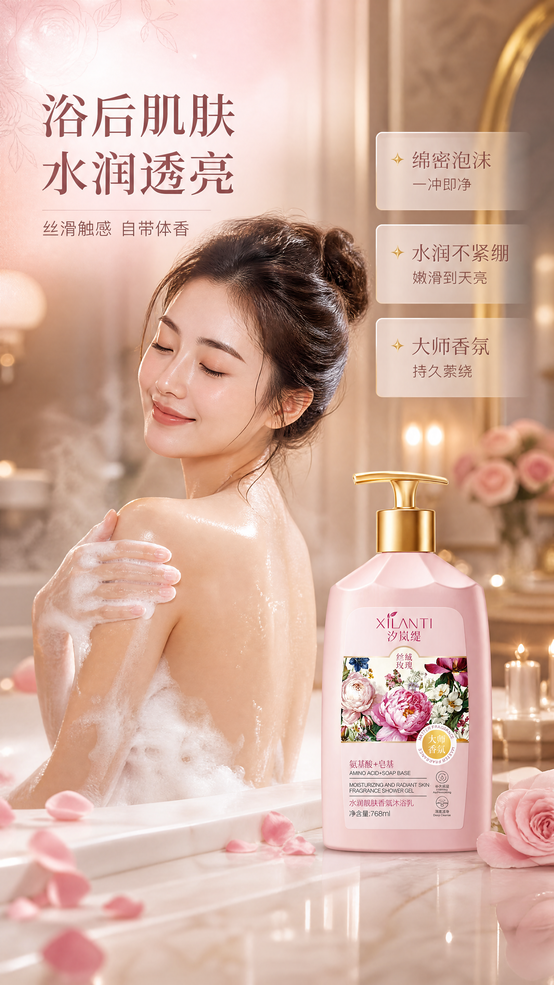 [商品] 使用【图1】汐岚缇丝绒玫瑰香氛沐浴乳；保留瓶身形状、… - 图片创意预览