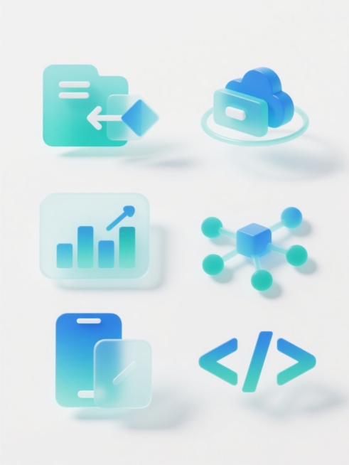 六个不同的科技图标元素集合，每个图标均采用半透明渐变蓝绿色调，具有精致的3D立体效果和微妙的阴影，包含悬浮的几何形状和环绕的光环，元素内容分别为：1. 文件共享图标，2. 云存储图标，3. 数据分析图表，4. 网络连接符号，5. 智能设备图案，6. 代码编程标识，所有图标规整排列在纯白色背景上，保持一致的设计风格和视觉语言。预览效果