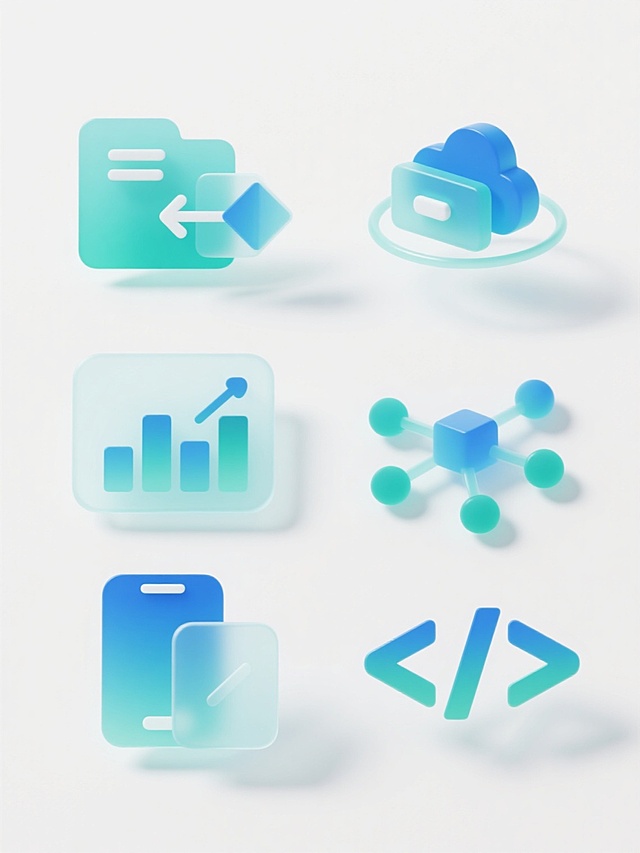 六个不同的科技图标元素集合，每个图标均采用半透明渐变蓝绿色调，具有精致的3D立体效果和微妙的阴影，包含悬浮的几何形状和环绕的光环，元素内容分别为：1. 文件共享图标，2. 云存储图标，3. 数据分析图表，4. 网络连接符号，5. 智能设备图案，6. 代码编程标识，所有图标规整排列在纯白色背景上，保持一致的设计风格和视觉语言。