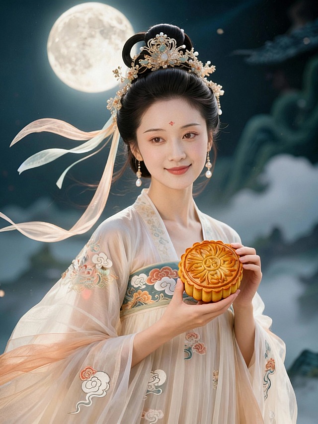 将图2的月饼添加到图1的画面中，让图1的女子拿着图2的月饼