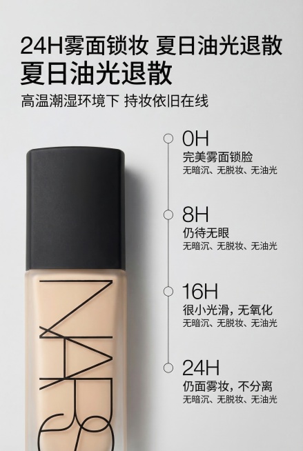 2:3竖版，杂志风功能可视化页面，严格还原上传的NARS夏季新品持妆控油雾瓶粉底液产品包装细节，产品外观与参考图完全一致，保持雾面瓶身与哑光顶盖材质。主标题："24H雾面锁妆 夏日油光退散"，副标题：预览效果