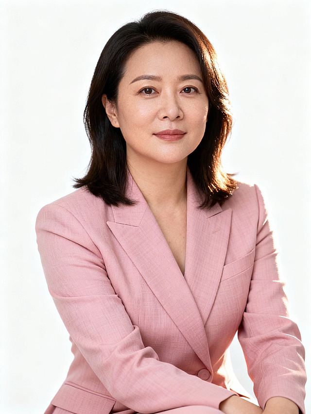 特定构图与打光，真实场景，30岁的女人，成熟美女，方圆脸，中长发，身穿粉色西装，显得专业又自信。逼真，现实感，真人感，个人形象照，白色背景。生成4张，照片比例3：4