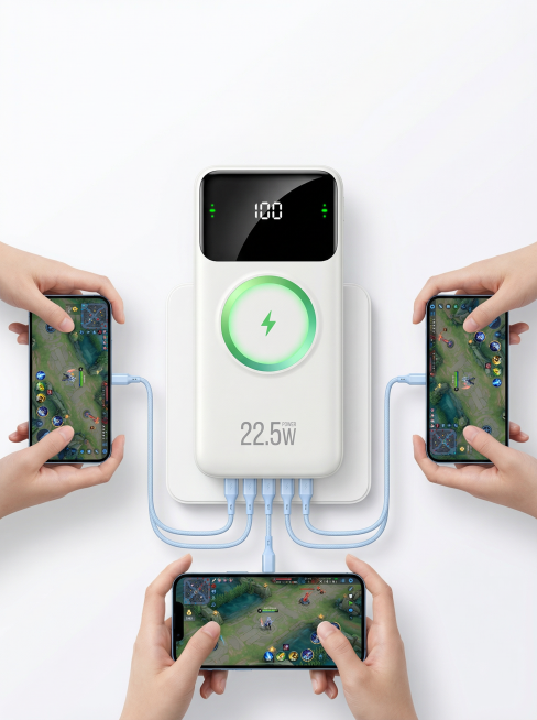 「图片1」整体为纯白色极简纯色背景，干净平整无渐变、无杂色。画面中心竖立放置奶白色哑光磨砂便携充电宝，长方体大圆角造型，机身质感细腻柔和，正面上方是黑色高亮 LED 数显屏，屏内显示白色数字100与两预览效果