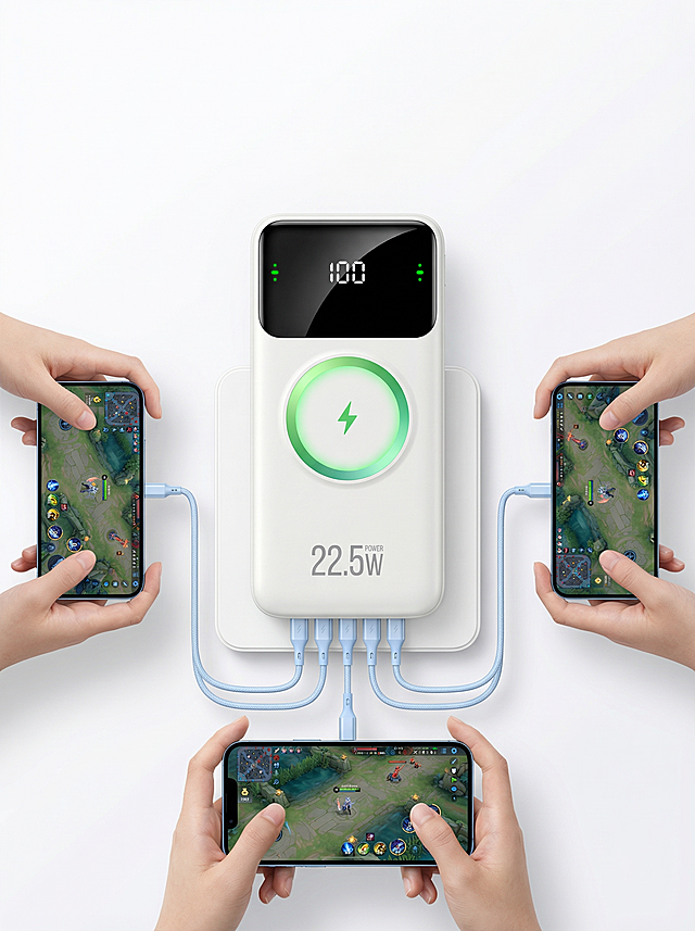 「图片1」整体为纯白色极简纯色背景，干净平整无渐变、无杂色。画面中心竖立放置奶白色哑光磨砂便携充电宝，长方体大圆角造型，机身质感细腻柔和，正面上方是黑色高亮 LED 数显屏，屏内显示白色数字100与两侧绿色小指示灯；屏幕下方印有绿色渐变环形无线充电光圈 + 白色闪电图标，机身标注灰色22.5W POWER功率字样。充电宝底部置于简约白色方形底座上，机身延伸出多根浅蓝编织纹理充电线，线材自然舒展，分别连接四周的四部智能手机。画面左右与下方分布四只真人白皙手部，手指自然弯曲握持手机，呈现日常使用的放松姿态，所有手机屏幕统一替换为王者荣耀高清游戏对战界面，显示峡谷地图、英雄技能、游戏 UI、对战血量条等核心元素，整体为多设备同时快充、游戏不断电的展示场景。光线为商业影棚柔和漫射柔光，无生硬阴影，仅底部有极淡自然投影，突出充电宝哑光质感、编织线材纹理、手部细腻肤质与游戏屏幕的鲜艳画质，构图居中对称，风格简约清新、科技高级，是电商数码产品专业展示效果。