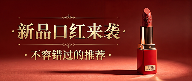 微信公众号首图，主标题为"新品口红来袭"，副标题为"不容错过的推荐"，主体雕花红色口红放在红色背景上，质感高级，奢华美妆风格，加入文字排版
