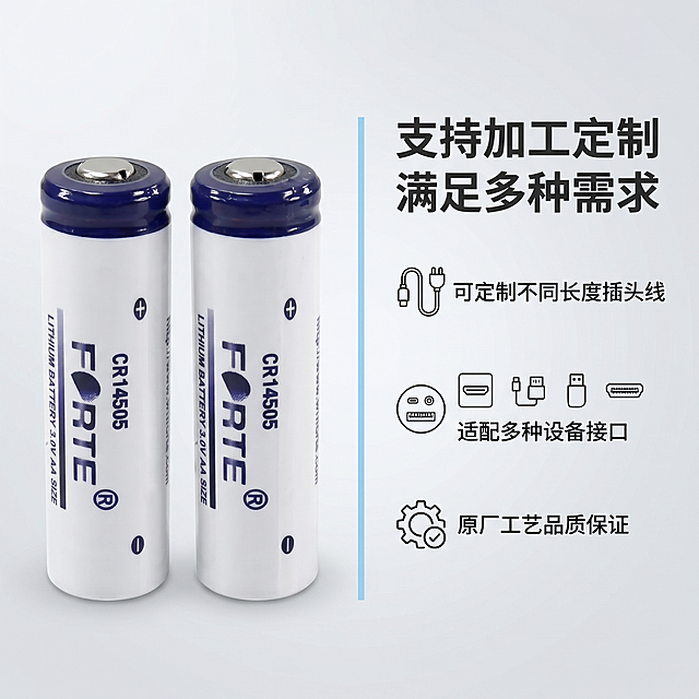 [主图 4] Forte孚特CR14505锂电池定制服务展示
[氛围风格] 专业通透3C科技风
[画质] 商业摄影质感，产品清晰真实，画面干净高级
[元素] 采用左右分栏布局，左侧展示两颗锂电池实物图，保持产品外观与原图完全一致，右侧分三点说明定制加工插头线服务内容，配简洁示意图。浅灰科技渐变背景，整体空间分配均匀，产品主体突出不拥挤
[光影] 均匀布光，产品光影自然，金属极头反光真实，背景光线均匀通透
[配色] 浅灰背景为主，分栏用浅蓝细线区分，深灰文字清晰对比
[视角构图] 产品平视展示，左右布局均衡，无遮挡主体
[文字版式] 顶部主标题 "支持加工定制 满足多种需求" 加粗居中。右侧分三点说明：① 可定制不同长度插头线 ② 适配多种设备接口 ③ 原厂工艺品质保证，每条配小图标，文字左对齐清晰易读
[比例分辨率] 1:1 比例，2k 分辨率；文字清晰锐利，画面超高清
[负向提示词] 变形，水印，文字错乱，产品图模糊，背景杂乱