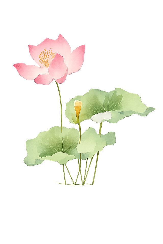 参考原图水彩风格，重新生成这组荷花荷叶的画面，保持粉色荷花和绿色荷叶的水彩晕染效果，透明背景，构图和元素位置和原图一致