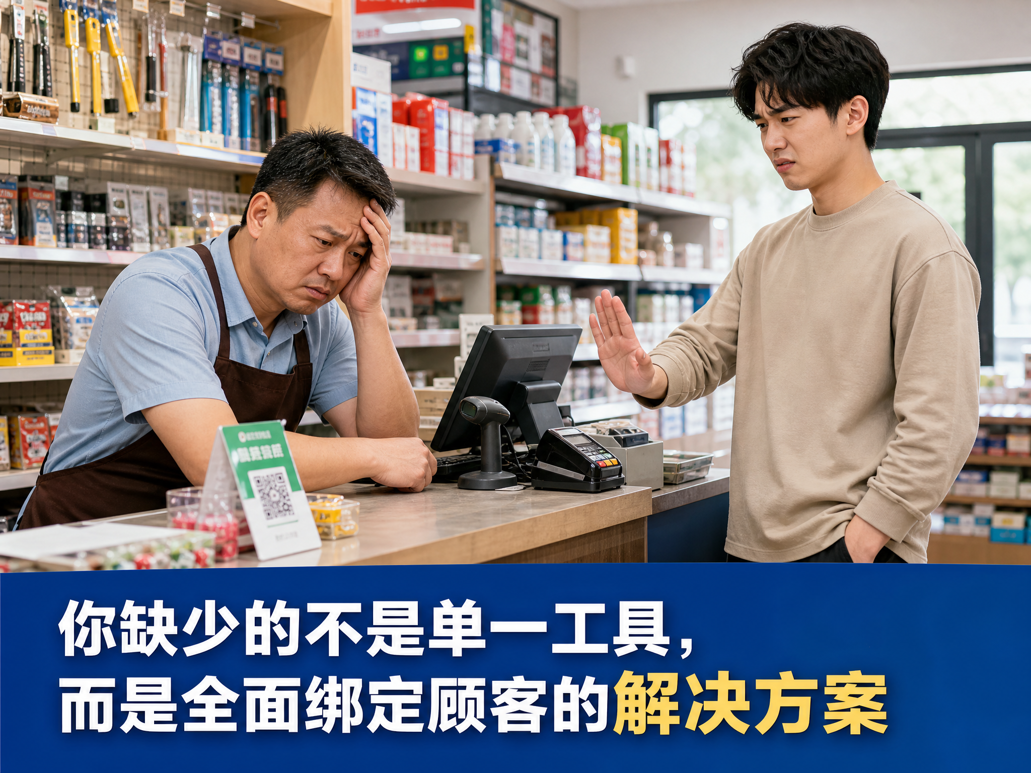 写实风格实体店场景图，4:3比例。画面中一家实体店铺内，中年老… - 图片创意预览