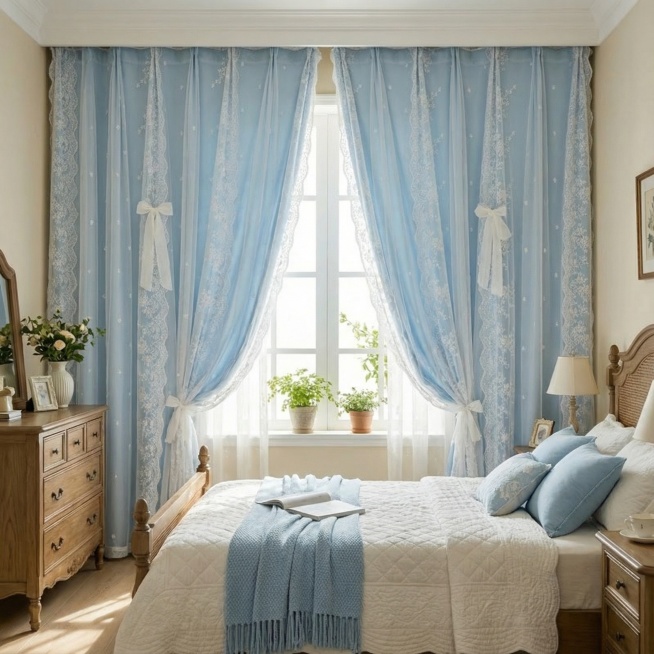 去掉图中的文字，将场景和角度进行变化，但不能改变窗帘的颜色和花纹预览效果