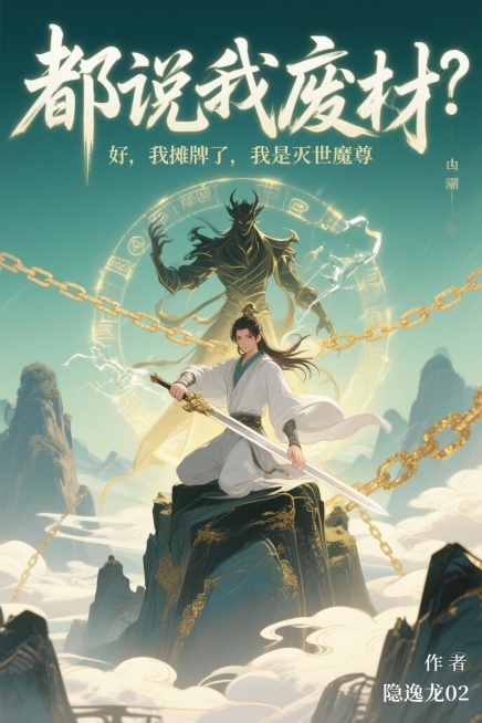 制作仙侠小说封面；书名”都说我废材？好，我摊牌了，我是灭世魔尊“  作者名：”隐逸龙02“预览效果