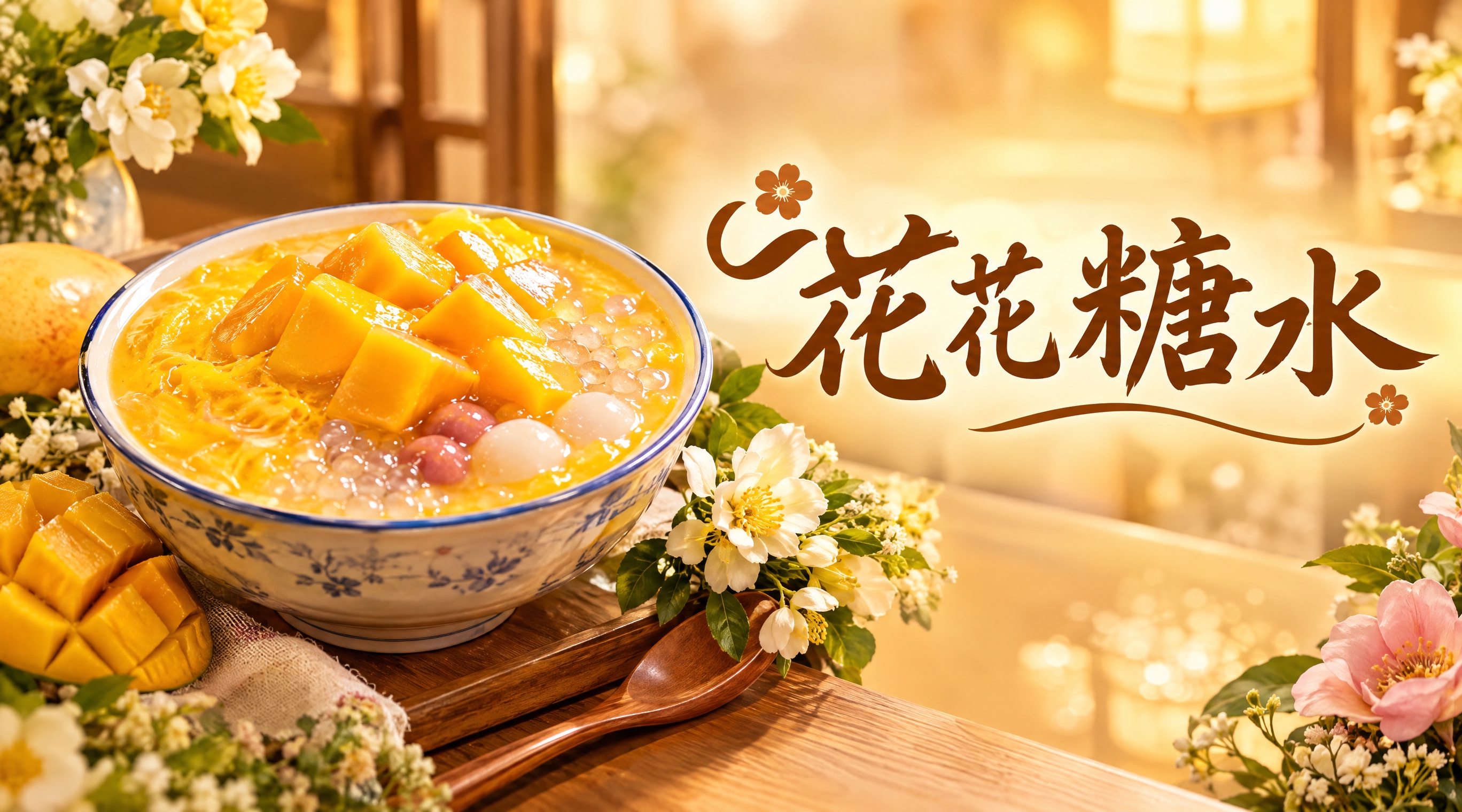 糖水店店招设计，店名"花花糖水"用优雅的书法字体或圆润可爱字体… - 图片创意预览