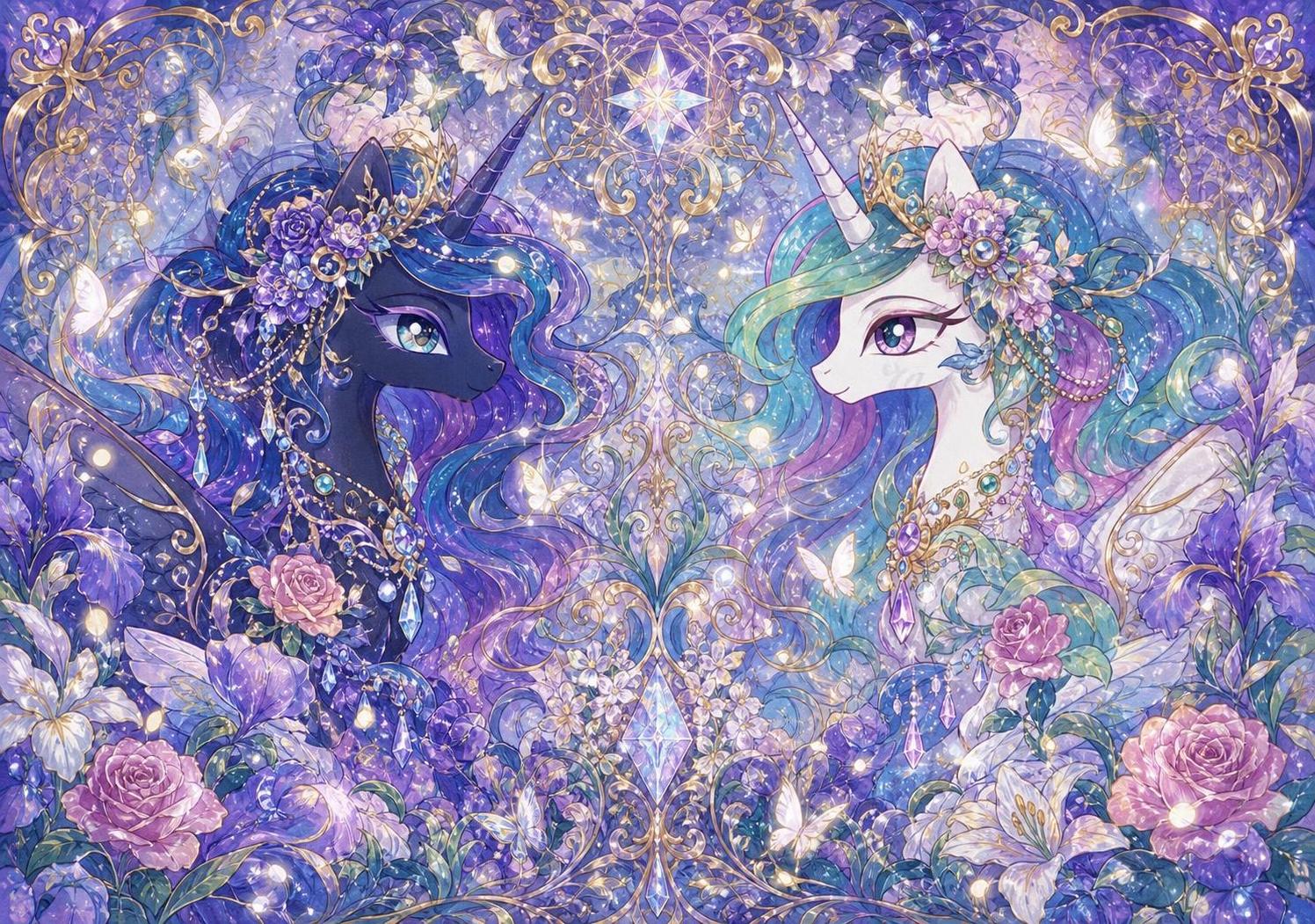 参考图片风格：小马宝莉卡牌插画风格，华丽梦幻的双子独角兽对称构… - 图片创意预览