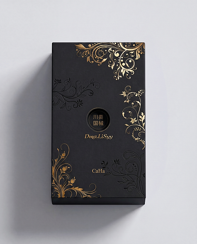 将包装盒的浅蓝色底色修改为黑色，保持原有的金色烫金花纹和文字不变，保留浮雕效果和整体设计风格
