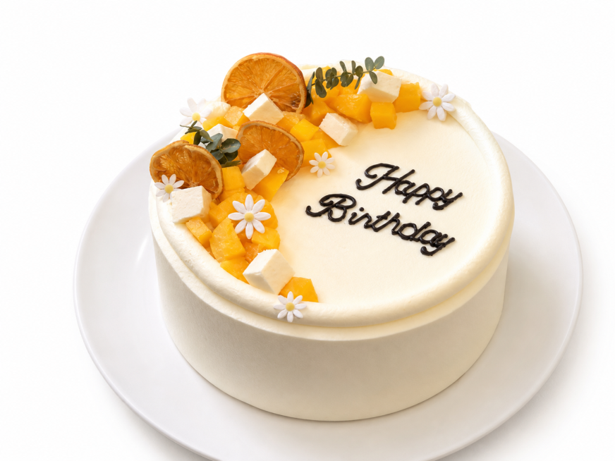 把蛋糕上金色的'Happy Birthday'英文字改成黑色奶油字体，将蛋糕放置在白色圆形盘子上，把背景修改成纯白色预览效果