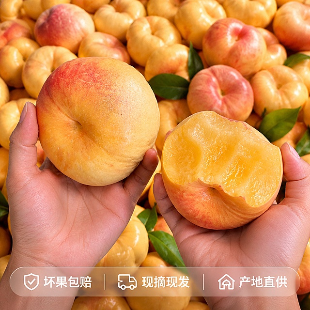 [主图-5] 整堆新鲜蒙阴彩虹蟠桃展示，呈现果实全貌，增强购买信任。
[氛围风格] 丰收新鲜，饱满真实；
[画质] 商业摄影质感、光线柔和通透、产品清晰真实、画面干净高级。
[元素] 保持蒙阴彩虹蟠桃外观颜色形状与输入产品图绝对一致，杜绝任何变形和色差，精细化处理。双手捧着两颗蟠桃，一颗完整一颗咬开，背景铺满整堆新鲜蟠桃，展示果实的整体外观和红润色泽。主体双手和蟠桃占比70%，画面饱满有丰收感。
[光影] 自然柔和散射光，均匀打亮果实，突出果皮红润光泽和果肉金黄质感。
[配色] 金黄红润蟠桃为主色调，浅绿叶片点缀，整体自然新鲜。
[视角构图] 平视中心构图，前景主体清晰，背景果实烘托氛围。
[文字版式] 底部半透明悬浮条两端留空，横向排列服务承诺图标文字：坏果包赔 现摘现发 产地直供，白色文字清晰可读，不遮挡主体。
[比例分辨率] 1:1比例，2K分辨率，文字清晰锐利，超高清。
[负向提示词] 变形，文字错乱，产品图模糊，背景杂乱，水印，电商平台Logo