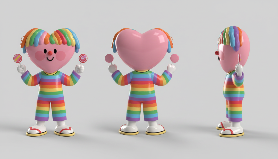 生成画作的3D潮玩风格的三视图，需要包含正面/背面/侧面视角，纯色背景预览效果