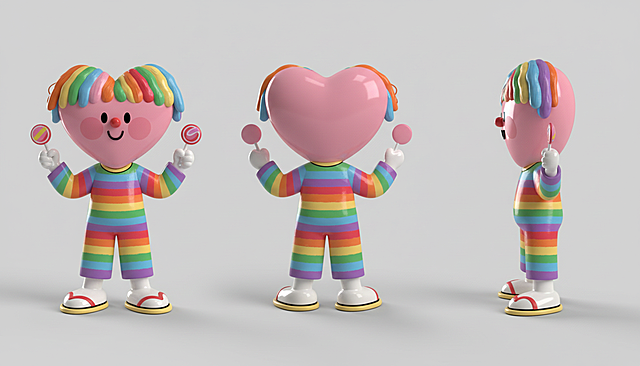 生成画作的3D潮玩风格的三视图，需要包含正面/背面/侧面视角，纯色背景