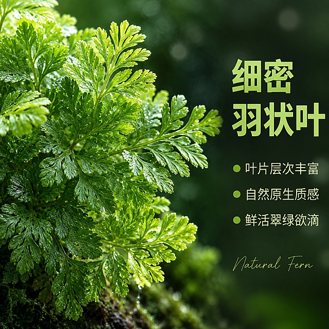 [主图-2] 狼尾蕨叶片细节特写卖点图
[氛围风格] 热带雨林微观视角，清新自然，细节质感拉满，商业摄影
[画质] 超高清微距摄影质感，叶片纹理清晰，色彩真实通透，画面干净高级
[元素] 画面主体为狼尾蕨的叶片局部特写，保持产品外观（叶片形态、颜色、纹理结构）与输入产品图一致，杜绝变形和色差。叶片占据画面主要视觉，细密的羽状叶片层层叠叠，嫩绿新叶与深绿老叶层次分明，叶脉清晰可见，叶片表面有细微的水珠反光，体现雨林湿润感。背景为虚化的热带雨林绿植与苔藓，深绿色调衬托主体。画面右侧留出负空间用于文字排版。商品主体占比约60%。
[光影] 柔和的侧逆光从叶片后方打过来，让叶片边缘呈现通透的翠绿色光晕，主光从左前方45°照亮叶片正面细节，辅光柔和补亮暗部。叶片上的水珠有高光点，整体光影细腻有层次，体现植物的鲜活生命力。
[配色] 主色调翠绿、嫩绿、深绿渐变；辅色水珠透明高光、背景墨绿虚化
[视角构图] 微距特写视角，略微俯视，浅景深，焦点集中在中部叶片，前后叶片适度虚化，营造空间层次感
[文字版式] 右侧负空间竖排分布（文字横排），从上到下：大标题"细密羽状叶"，深绿色粗体大号；下方三个卖点短句，每行前面加绿色小圆点：「叶片层次丰富」「自然原生质感」「鲜活翠绿欲滴」，文字深绿色，中等字号，左对齐。底部小字英文装饰"Natural Fern"，手写体浅绿色。
[输出要求] 1:1比例，文字清晰可辨，超高清微距摄影质感
[负向提示词] 变形，文字错乱，产品模糊，背景杂乱，水印，电商平台Logo，手，人物