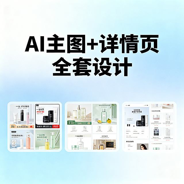电商服务封面图，画面上方用粗黑体突出显示"AI主图+详情页 全套设计"，下方排列3-4组主图加详情页的案例缩略图，整体采用简洁现代的设计风格，搭配浅蓝渐变背景，突出一站式服务的便捷感